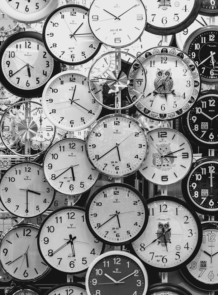 A black and white image displaying a diverse array of vintage wall clocks.